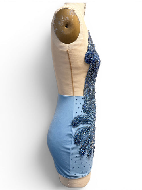 Sapphire blue crystal appliqué micro mini dress